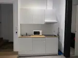 Kitchen of the interior apartment with white cabinets, sink, microwave and ceramic hob under an extractor hood